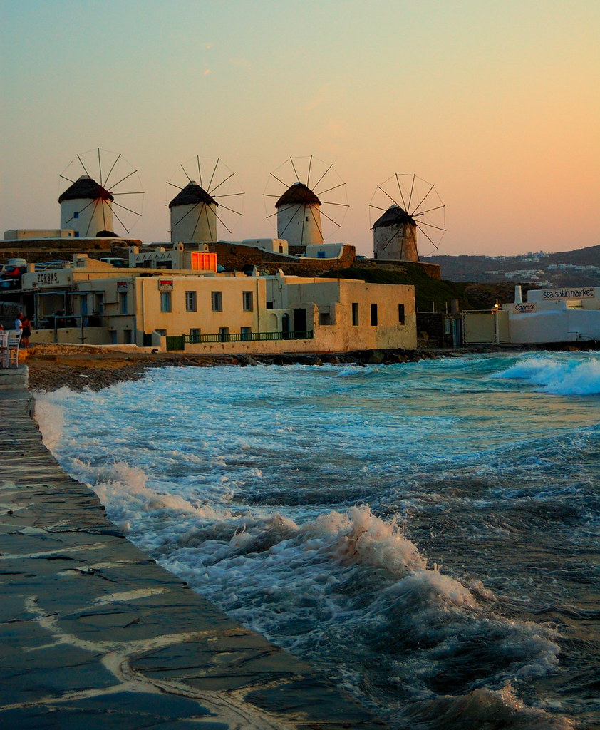 mykonos island, mykonos windmills, mykonos sunset, mykonian windmills, mykonos attractons